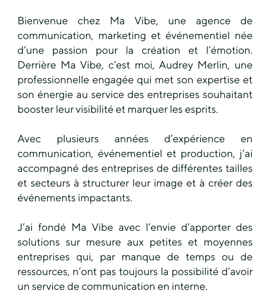 Image représentant l'agence Ma Vibe, spécialisée en communication, marketing et événementiel, offrant des solutions sur-mesure.