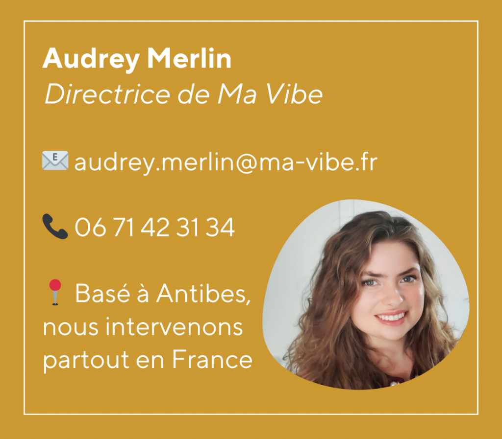 Bannière invitant à prendre contact avec Ma Vibe, agence spécialisée en communication, marketing et événementiel.