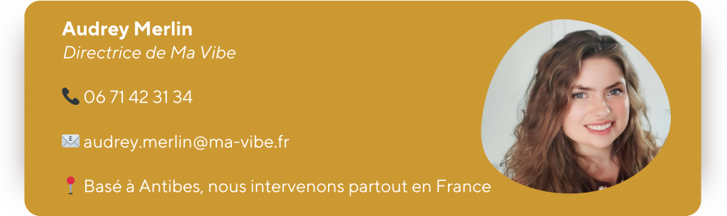 Bannière invitant à prendre contact avec Ma Vibe, agence spécialisée en communication, marketing et événementiel.